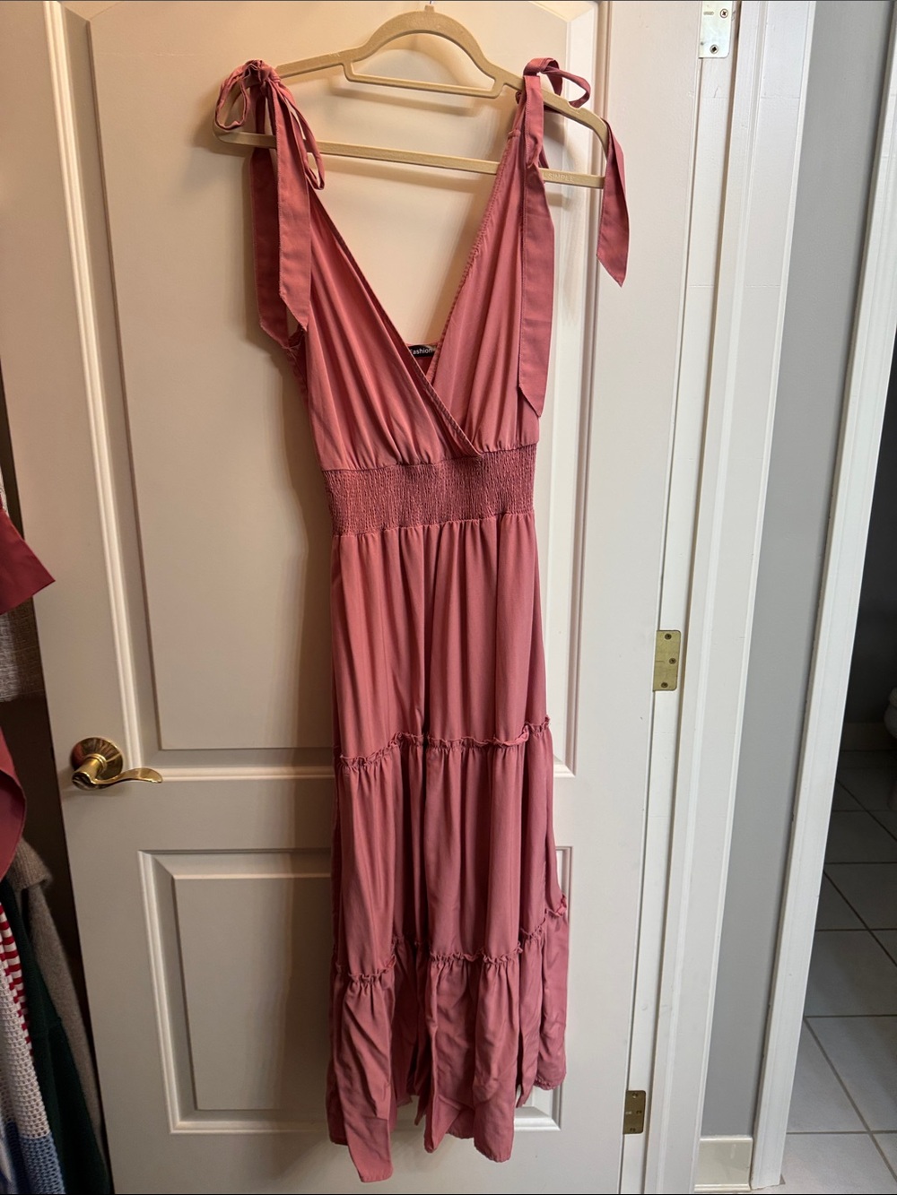 Tie-Shoulder Smocked Waist Maxi Dress in Dusty Rose